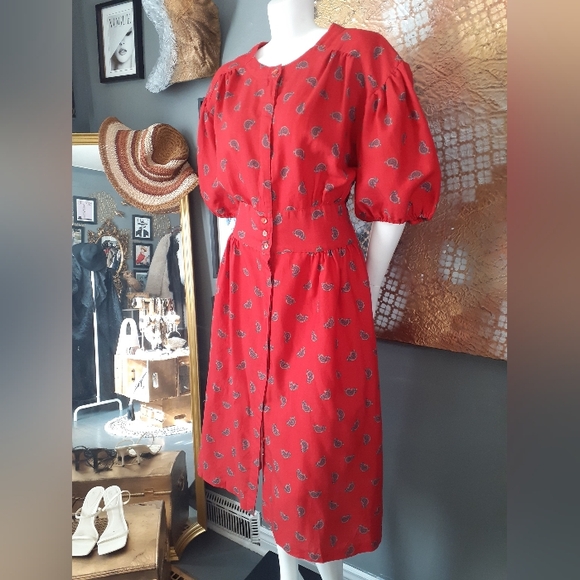 Vintage 1980's Red Paisley Print Midi Dress - Picture 13 of 16